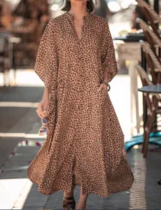 Leopard print beach cardigan dress, batwing sleeve long sunscreen dress for summer vacation.