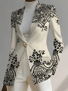 Elegant women's printed blazer featuring a stylish lapel and intricate black patterns on cream.