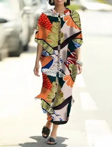 Printed batwing sleeve beach cardigan dress, stylish resort wear for women detail view.