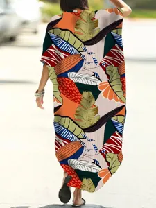 Tropical print beach cover up dress, batwing sleeve loose kimono cardigan for summer vacation.