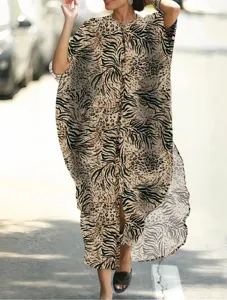 Women Printed Beach Vacation Maxi Dress Batwing Sleeve Polyester Sunscreen Open Front Cardigan Dress Loose Long Holiday Wear