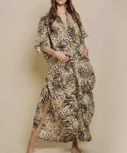 Long animal print beach cover up dress with V-neck batwing sleeves and side slit style.