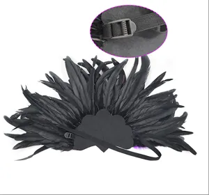 Black feather carnival party headdress detail, adjustable elastic strap for Halloween show.