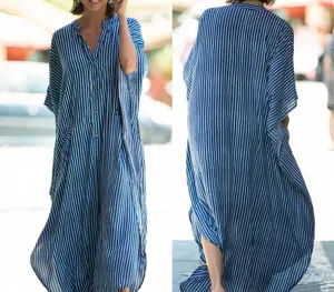 Blue and white striped beach cover up long batwing sleeve button down maxi dress for women