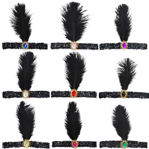 1920s Flapper Feather Headband Black Sequin Gatsby Hair Accessories for Women Party