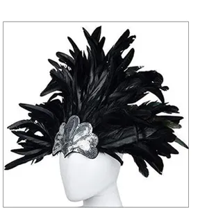 Black feather carnival headpiece with shiny silver sequins and elastic band for party decor.