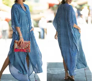 Blue and white striped beach maxi dress, batwing sleeve cardigan, vacation resort wear.
