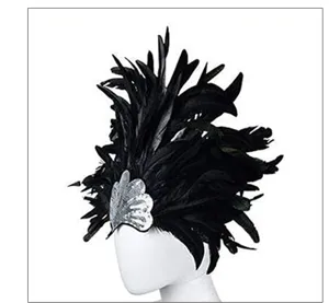 Detailed view of the black feather carnival headdress with shiny sequins for party wear.