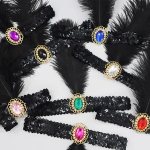1920s vintage flapper feather headband black sequin Gatsby hair accessory for women party