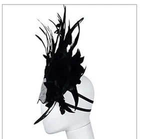Black feather masquerade headpiece detail, sequin accent and elastic strap design.