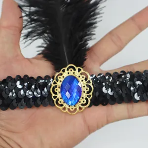 1920s Vintage Gatsby Black Sequin Feather Headband Party Hair Accessory Main View
