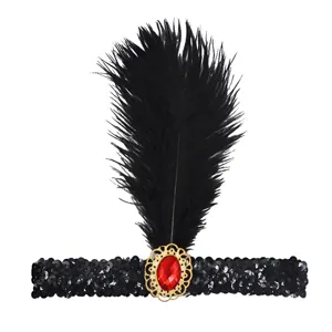 Vintage 1920s Gatsby Feather Headband Black Sequin Flapper Hair Accessory for Costume Party