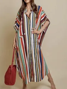 Colorful Striped Beach Kaftan Dress Summer Vacation Button Down Batwing Sleeve Cover Up