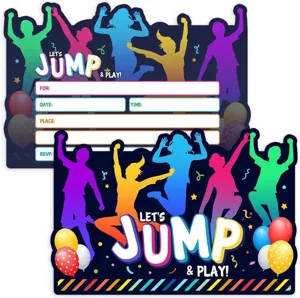 Colorful party invitation cards with jumping silhouettes and balloons for kids birthday events.