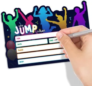 Square paper party invitation card with colorful silhouettes and blank writing fields for kids.