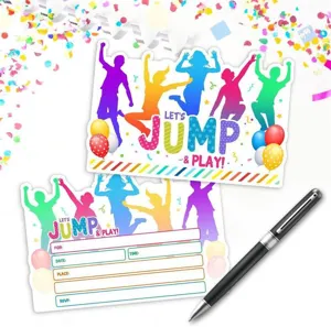 Colorful party invitation cards set with jumping silhouettes, blank writing lines for events.