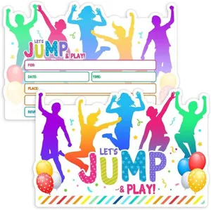 Colorful party invitation card with jumping silhouettes and fill-in blanks for celebration events.