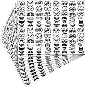 Cartoon expression stickers detail showing black and white eyes and mouths for DIY crafts.