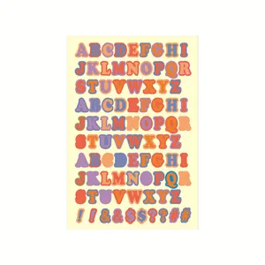 Retro cartoon alphabet stickers, waterproof colorful bubble letter journaling DIY decals sheet.