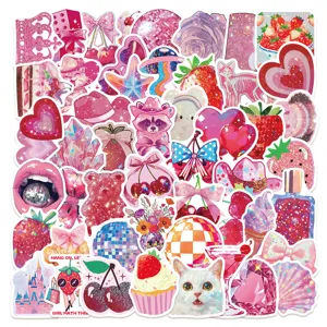 50pcs autocollants esthétiques à paillettes roses autocollants en vinyle imperméables mignons