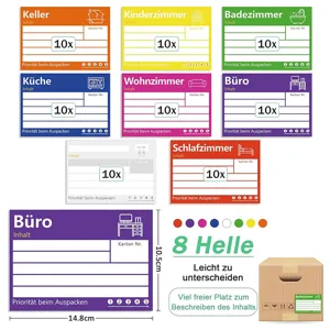 Etiquettes autocollantes colorees pour cartons de demenagement avec noms de pieces et espace.