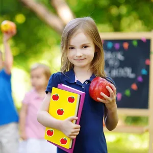 Jolis autocollants de pommes et carnets colorés détail montrant papeterie créative.