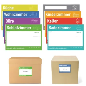 Autocollants étiquettes pour cartons de déménagement colorés avec noms de pièces et priorité.