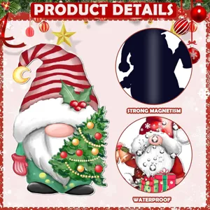 Christmas gnome fridge magnet detail view, strong magnetism and waterproof features showcase.