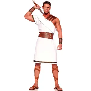 Roman warrior costume detail view, men's Greek gladiators cosplay outfit for Halloween party.