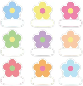 Colorful boho daisy flower name tag stickers detail, classroom stationery decoration