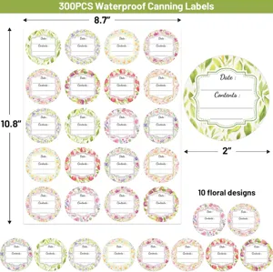 Vue de détail rapprochée d'autocollants d'étiquettes de conserve florales étanches avec sections.