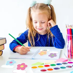 Flower name tag stickers, colorful floral nameplate decals for classroom and home decor use.