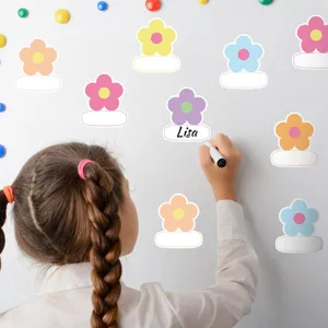 Cute floral name tag stickers for classroom and home decor, colorful flower label decals.