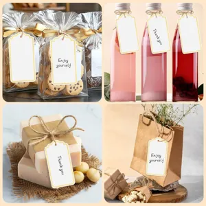 DIY blank gift paper tags with gold foil border and twine string for wedding party decor.