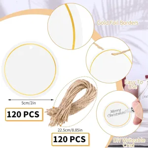 120pcs round blank gift tags with gold foil borders and jute string for DIY crafts and party decor.