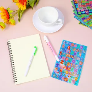 Holographic glitter alphabet stickers, colorful letters for kids journal DIY decoration details.