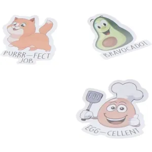 Cute cartoon motivational reward stickers detail shot showing cat avocado and egg designs.