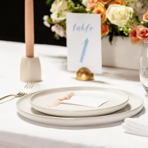 Juego de decoración de mesa de boda con tarjeta de número y plato de cerámica.