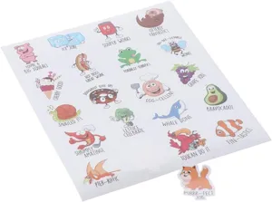 Cute kids motivational reward stickers sheet featuring funny animal and fruit cartoon designs.