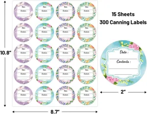 Détail de la feuille d'étiquettes de conserve florales avec dimensions pour pots.