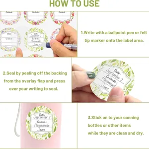 Waterproof watercolor floral canning labels instruction graphic showing how to write and seal jars.