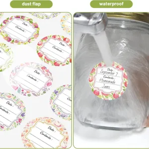 Watercolor floral canning labels stickers with date contents write on waterproof for jars jams.