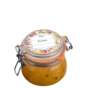 Glass jar with watercolor floral label, airtight clip-top container for homemade jam and food storage.
