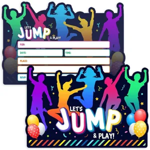 Children birthday party invitation cards colorful jumping silhouettes blank fill templates