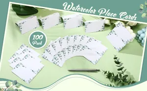 Watercolor place cards set of 100 with elegant eucalyptus leaf design for wedding and party.