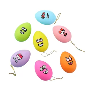 Colorful Easter egg ornaments with funny cartoon faces and hanging strings, 7 pack.