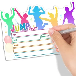 Colorful party invitation greeting card featuring jumping silhouettes and blank fields.