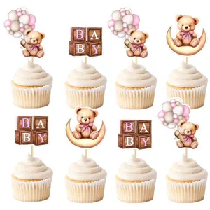 Détail des superbes pics à cupcakes oursons mignons pour décoration de fête de bébé.