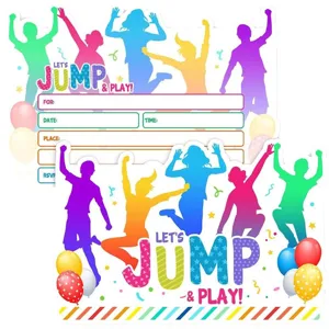 Colorful party invitation card with jumping silhouettes and cute balloons for kids birthday events.