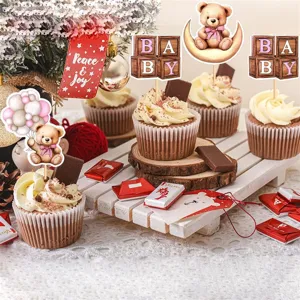 Joli ensemble de toppers à cupcakes d'anniversaire bébé avec joli ours lune et blocs.